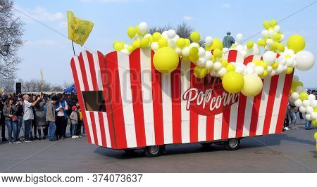 Odessa, Ukraine - 04 01 2019: A Decorated Car In The Form Of A Red And White Striped Basket With Pop