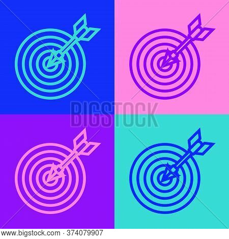 Pop Art Line Target With Arrow Icon Isolated On Color Background. Dart Board Sign. Archery Board Ico