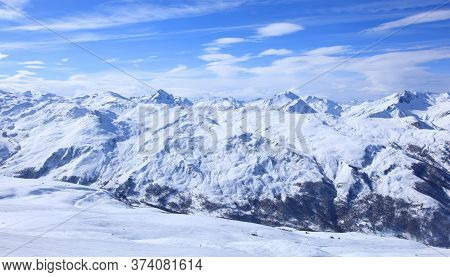 Panoramic View Of The Mountains Of France On A Winter Sunny Day. Haute Savoy, France. Snow Park.
