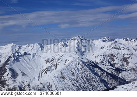 Panoramic View Of The Mountains Of France On A Winter Sunny Day. Haute Savoy, France. Snow Park.