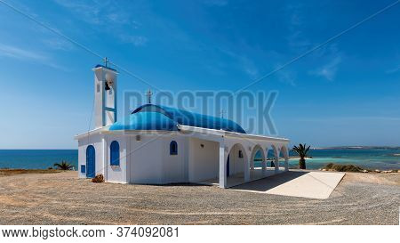 White Church On A Shore At Sunrise In Aiya Napa, Cuprus