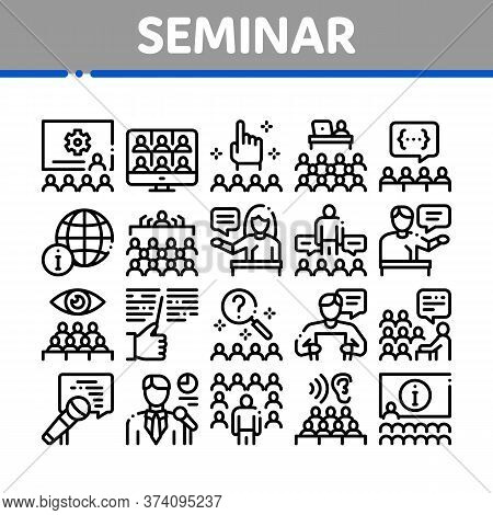 Seminar Conference Collection Icons Set Vector. Seminar In Meeting Room, Online Communication And Pr