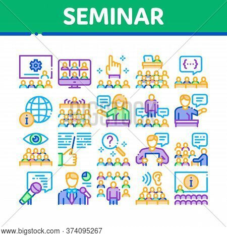 Seminar Conference Collection Icons Set Vector. Seminar In Meeting Room, Online Communication And Pr