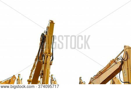 Yellow Backhoe With Hydraulic Piston Arm Isolated On White. Heavy Machine For Excavation In Construc