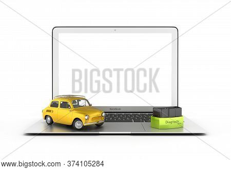 Car Diagnostic Concept Close Up Of Laptop With Obd2 Wireless Scanner And Retro Car On White Backgrou