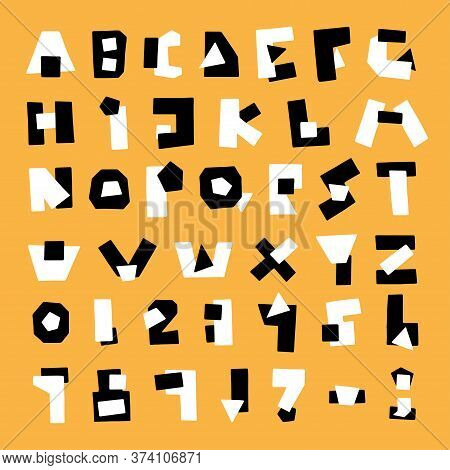 Fun Black And White Alphabet Made In The Style Of A Collage. Handwritten Letters For Banners, Poster