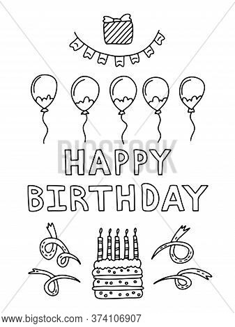 Card With Balls And Confetti. Black And White Illustration In Doodle Style. Cute Cake With Candles A