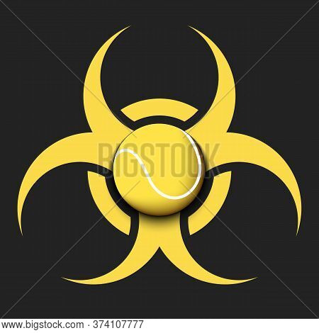 Radiaction Symbol With Tennis Ball. Caution Radioactive Danger Sign.  Tennis Quarantined. Cancellati