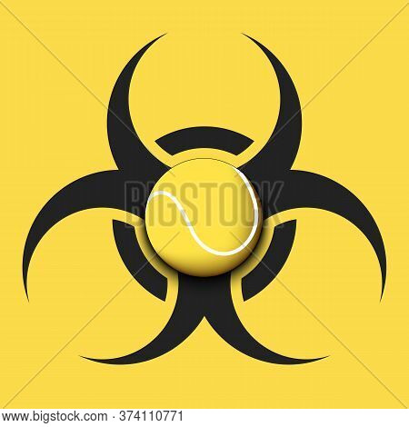Radiaction Symbol With Tennis Ball. Caution Radioactive Danger Sign.  Tennis Quarantined. Cancellati