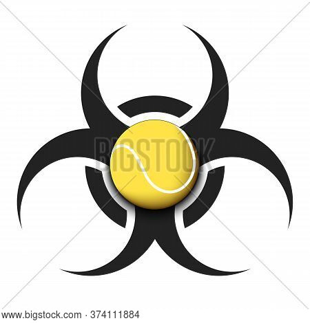 Radiaction Symbol With Tennis Ball. Caution Radioactive Danger Sign.  Tennis Quarantined. Cancellati