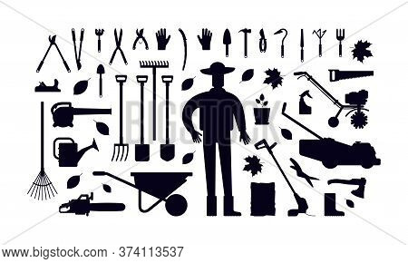 Stock Vector Illustration Of Garden Tool Kit And Gardener. Black Silhouettes On A White Background