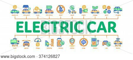 Electric Car Transport Minimal Infographic Web Banner Vector. Electrical Car And Truck, Battery Char
