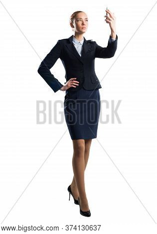 Young Beautiful Woman Taking Selfie Photo With Smartphone. Confident And Stylish Businesswoman In Da