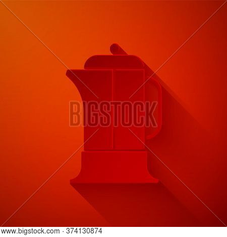 Paper Cut French Press Icon Isolated On Red Background. Paper Art Style. Vector Illustration