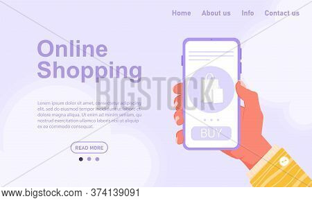 Vector Concept Of Online Shopping Without Leaving Home. Order Food And Clothes From A Smartphone. Pu