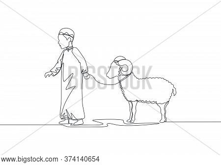 One Single Line Drawing Of Young Muslim Boy Holding Sheep To Masjid. Muslim Holiday The Sacrifice A 