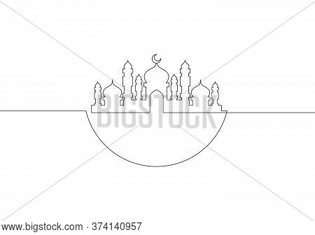 One Single Line Drawing Of Masjid Ornament With Half Round Circle. Muslim Holiday, Eid Al Fitr And R