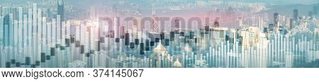 Website Header And Banner Of Hong Kong Cityscape With Skyscarapers. Trading And Stock Markets.