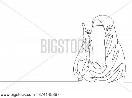 One Continuous Line Drawing Of Young Beauty Asian Muslimah Wearing Burqa While Pointing Finger To Th
