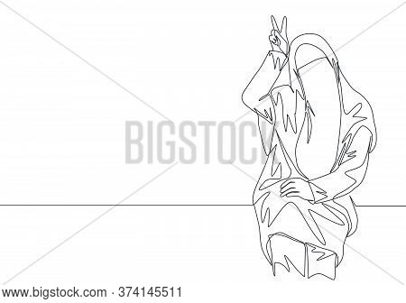 One Single Line Drawing Of Young Cute Asian Muslimah Wearing Burqa While Giving Peace Hand Gesture. 