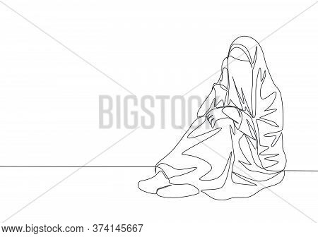 Single Continuous Line Drawing Of Young Attractive Middle East Muslimah Wearing Burqa Sitting On The