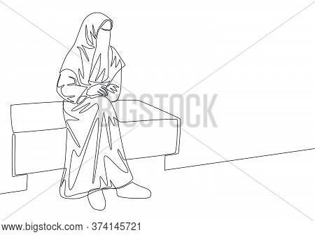 Single Continuous Line Drawing Of Young Attractive Middle East Muslimah Wearing Burqa Siting On Chai