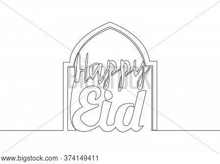 Single Continuous Line Drawing Of Happy Eid Al Fitr Mubarak And Ramadan Kareem Concept. Islamic Holi