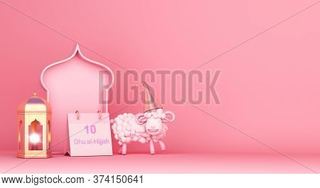 Eid Al Adha Decoration On Pink Background, Lantern Sheep, 10 Dhu Al Hijjah Calendar, Islamic Window,