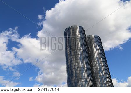 Riga, Latvia - August 07 2017: Modern glass skyscrapers. Two round residential Z-Towers in the city center. Riga, Latvia