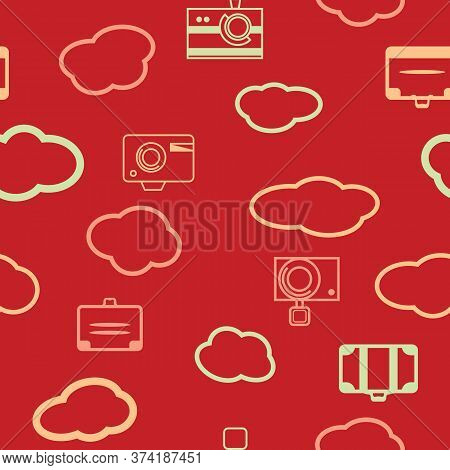 Red Vector Travel The World Seamless Illustration With Camera, Suitcases. Colourful Repeat Pattern