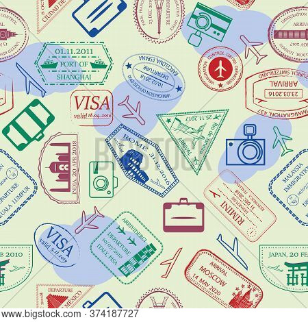 Colourful Vector Passport Stamps. Travel The World Seamless Illustration. Colourful Repeat Pattern
