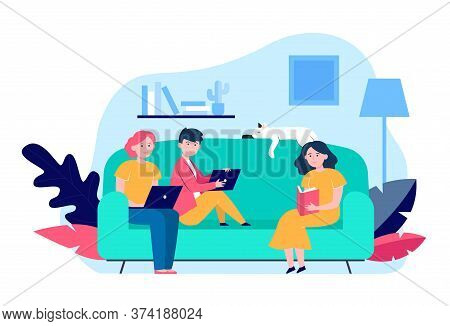 Young People Sitting On Sofa With Laptop Or Book. Cat, Room, Couch Flat Vector Illustration. Hobby A