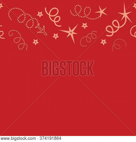 Cherry Red Travel The World Seamless Illustration, Border With Airplanes And Stars. Colourful Repeat