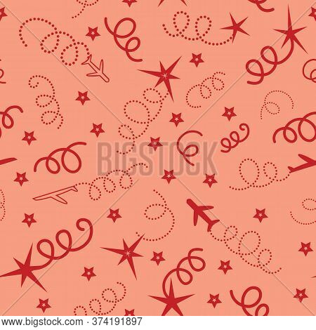 Cherry Red Vector Travel The World Seamless Illustration With Airplanes, Stars. Colourful Repeat Pat