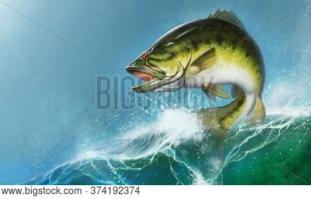 Largemouth Bass Jumps Out Of Water Realistic Illustration. Big Bass Perch Fishing In The Usa On A Ri