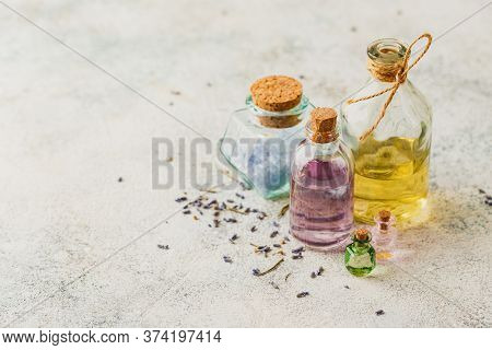 Aromatic Oils In Glass Bottles And Dry Lavender. Concept Natural Ogranic Skincare Cosmetic.