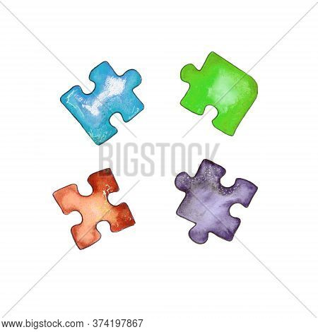 Watercolor Illustration.childrens Puzzle Paper Puzzle, A Set Of Colorful Puzzle Pieces. Isolated On 