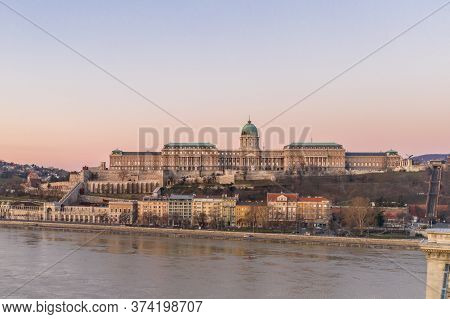 Aerial Drone Shot Of National Gallery Buda Castle On Hill During Budapest Sunrise