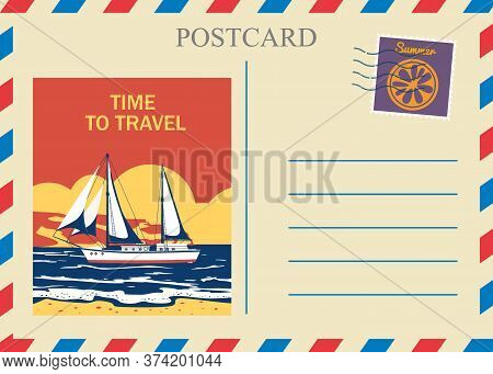 Postacrd Summer Vintage Sailboat Ocean. Vacation Travel Design Card With Postage Stamp. Vector Illus