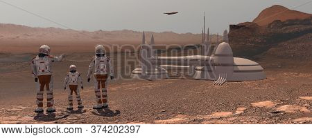 Family Colonists Immigrants To Mars, A Man, A Woman And A Child Admire The Martian Landscape, The Ci