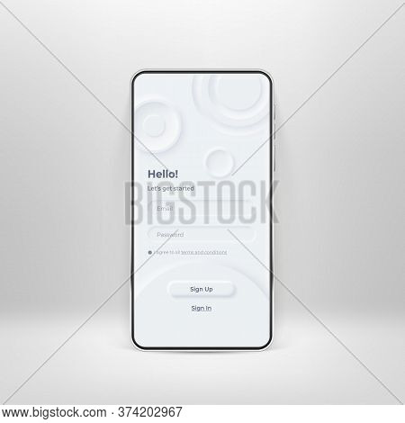 Neumorphic Ui Kit On Smartphone Screen. Login And Registration Form On White Smartphone Template. In