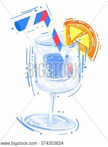 Stock Vector Illustration Of Water Glass With Orange Fruit. Refreshing Drink, Juice Or Alcohol Cockt
