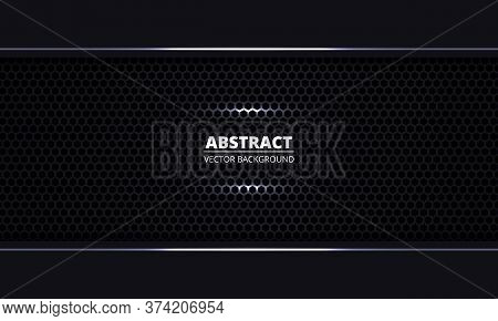Black Abstract Background. Black Metal Texture Steel Hexagon Grid Background. Dark Carbon Fiber Text