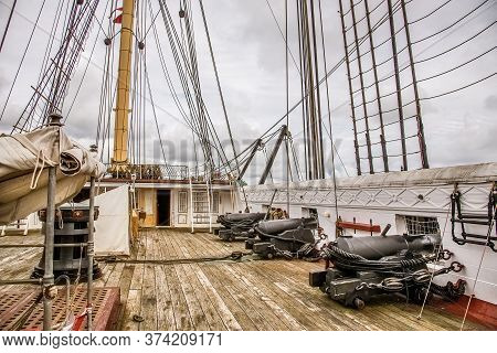 The Upper Cannon Deck On The Frigate Jylland With Old Guns And The Saling Rig, Ebeltoft, Denmark, Se