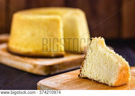 Slice Of Brazilian Corn Cake Made With A Type Of Corn Flour (fuba). Traditional Homemade Cake From B