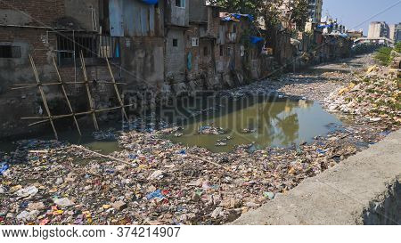 Dirty River In Dharavi Slums. Mumbai. India.