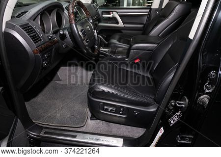 Novosibirsk/ Russia - April  02 2020: Toyota Land Cruiser 200  , Prestige Car Interior With Dashboar