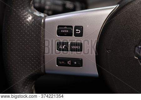 Novosibirsk/ Russia - June 10 2020: Nissan Pathfinder  , Car Steering Wheel With Control Buttons, Mu