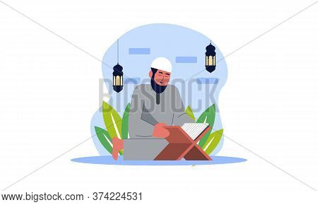 Muslim Man Reading The Quran Islamic Holy Book. Illustration Logo