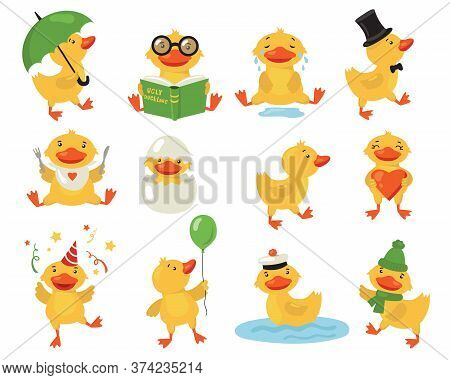 Funny Duckling Set. Cute Yellow Baby Duck Practicing Different Activities. Student Or Teacher Bird R